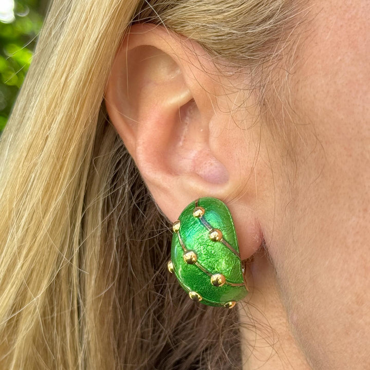 Tiffany & Co. Jean Schlumberger Green Enamel 18KYG Large Banana EarClip Earrings