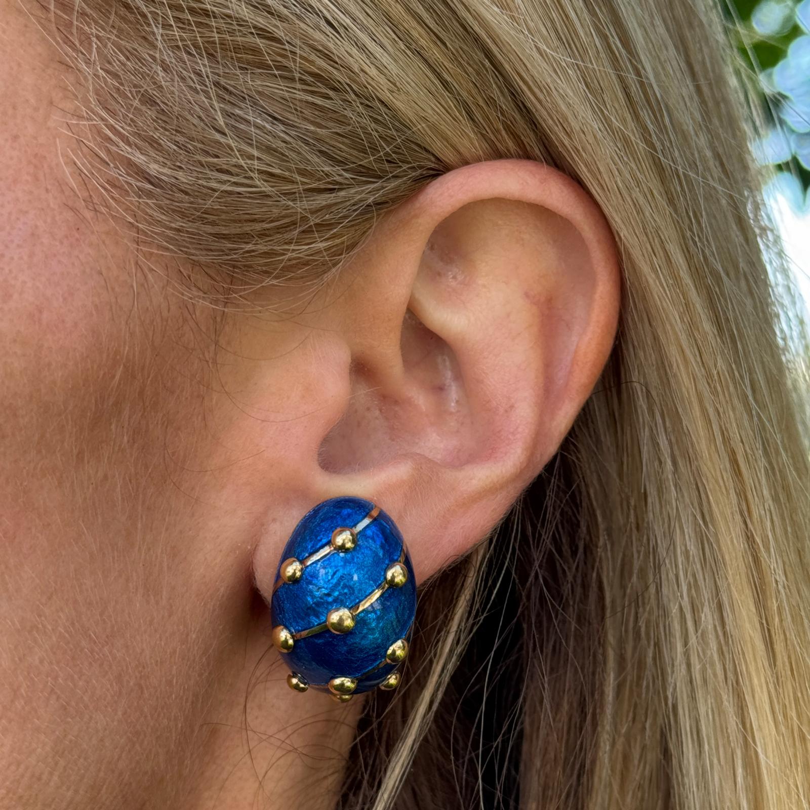 Tiffany & Company Schlumberger Blue Enamel 18KYG Large Banana Earclip Earrings