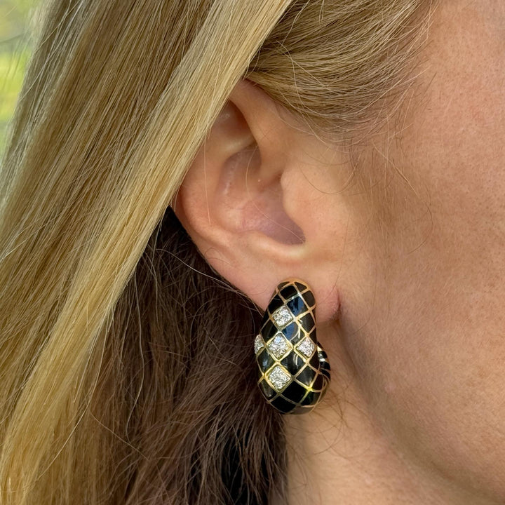 David Webb Diamond Black Enamel 18 Karat Yellow Gold Vintage Ear-Clip Earrings