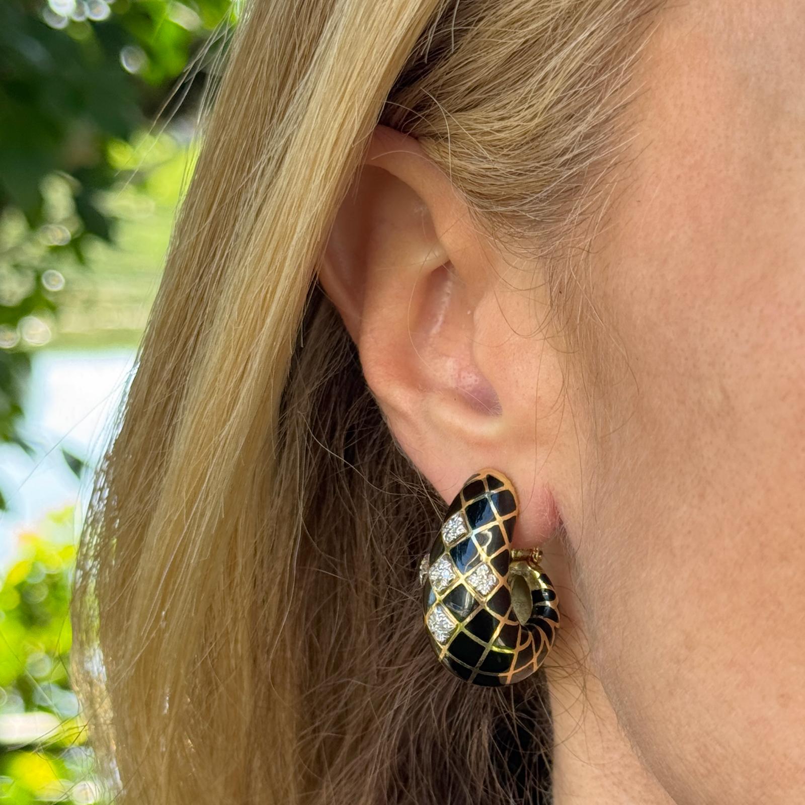 David Webb Diamond Black Enamel 18 Karat Yellow Gold Vintage Ear-Clip Earrings