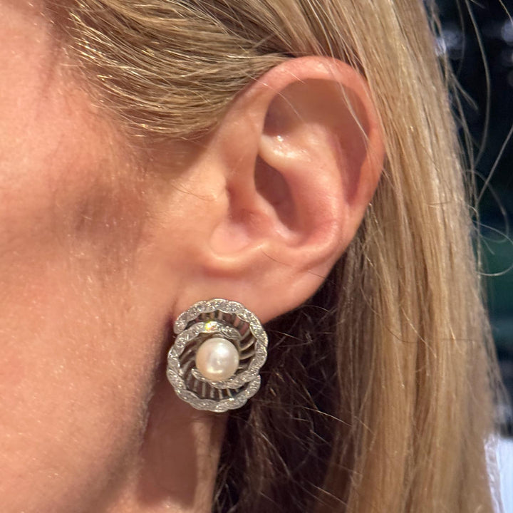 1950's  Diamond Swirl Pearl 14 Karat White Gold Screw Clip Vintage Earrings