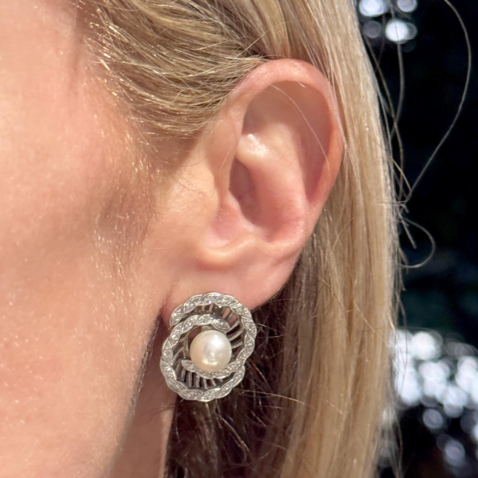 1950's  Diamond Swirl Pearl 14 Karat White Gold Screw Clip Vintage Earrings