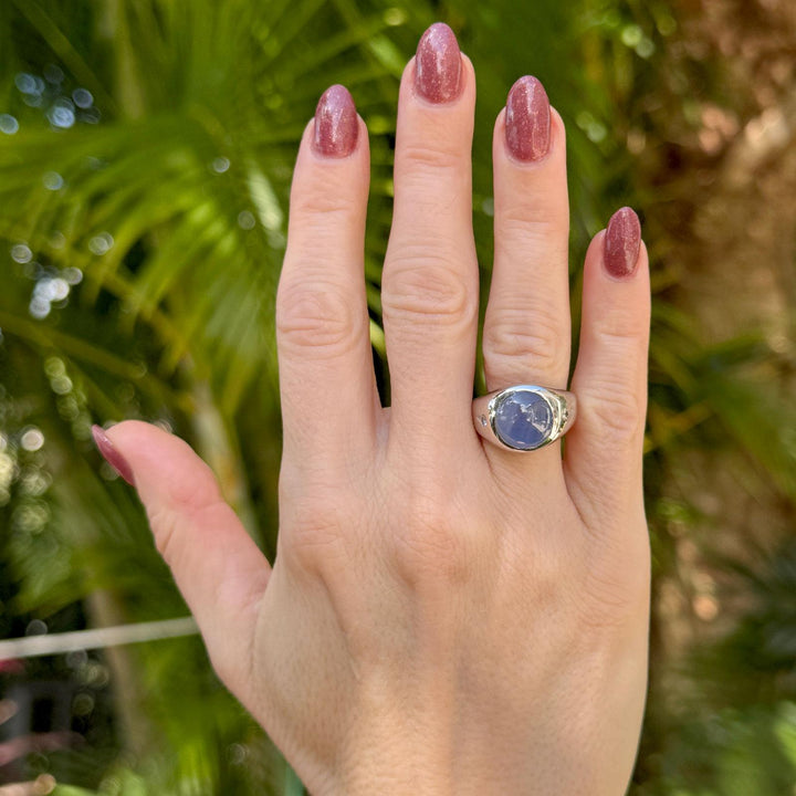 Star Sapphire Diamond 14 Karat White Gold Unisex Ring