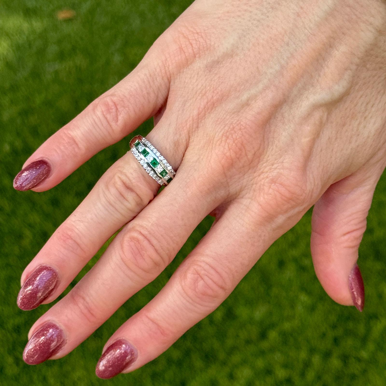 Diamond Emerald Platinum Wedding Anniversary Stacking Band Ring