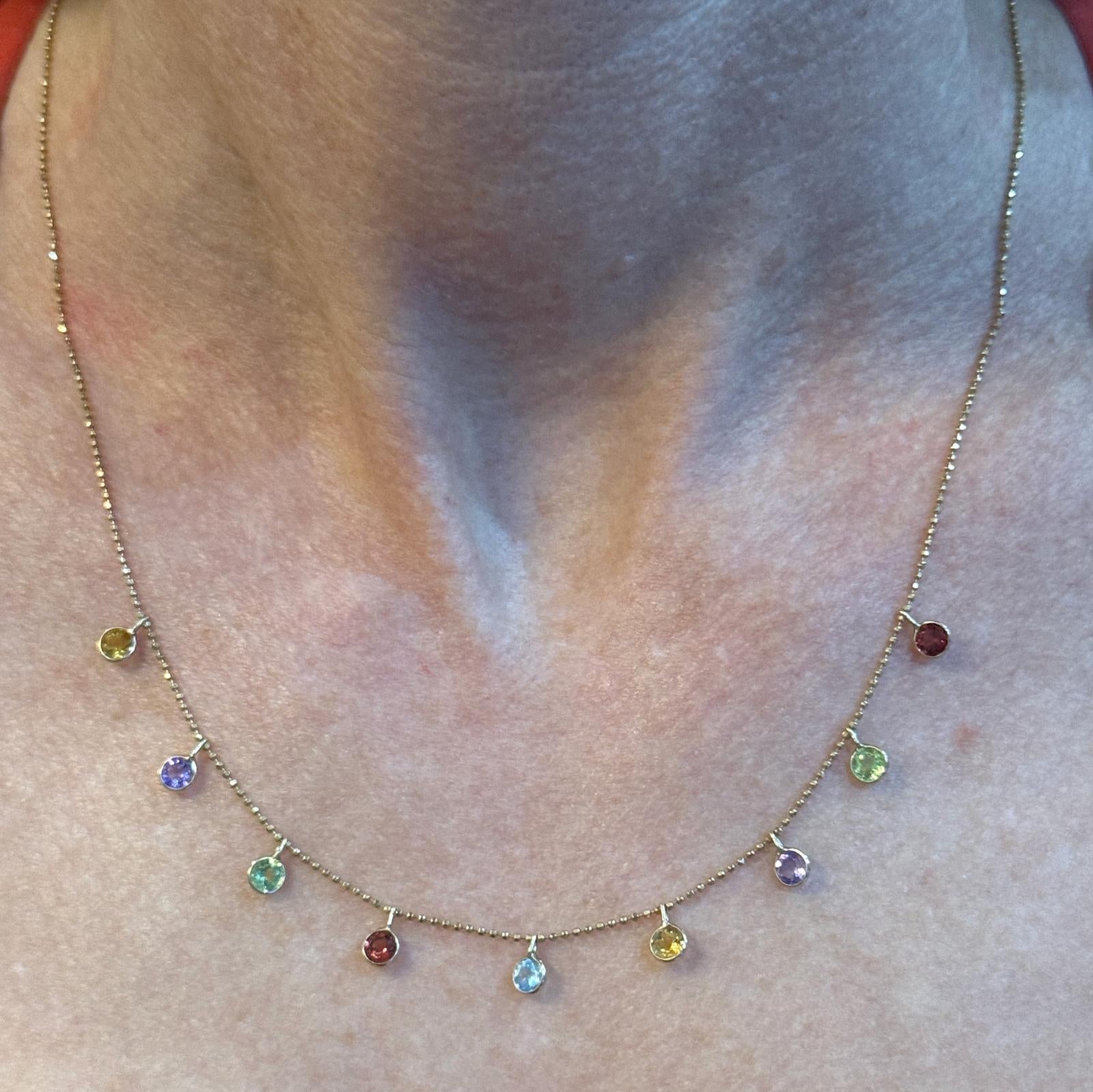 Multi-Color Bezel Set Gemstone 14 Karat Yellow Gold Dangle Necklace