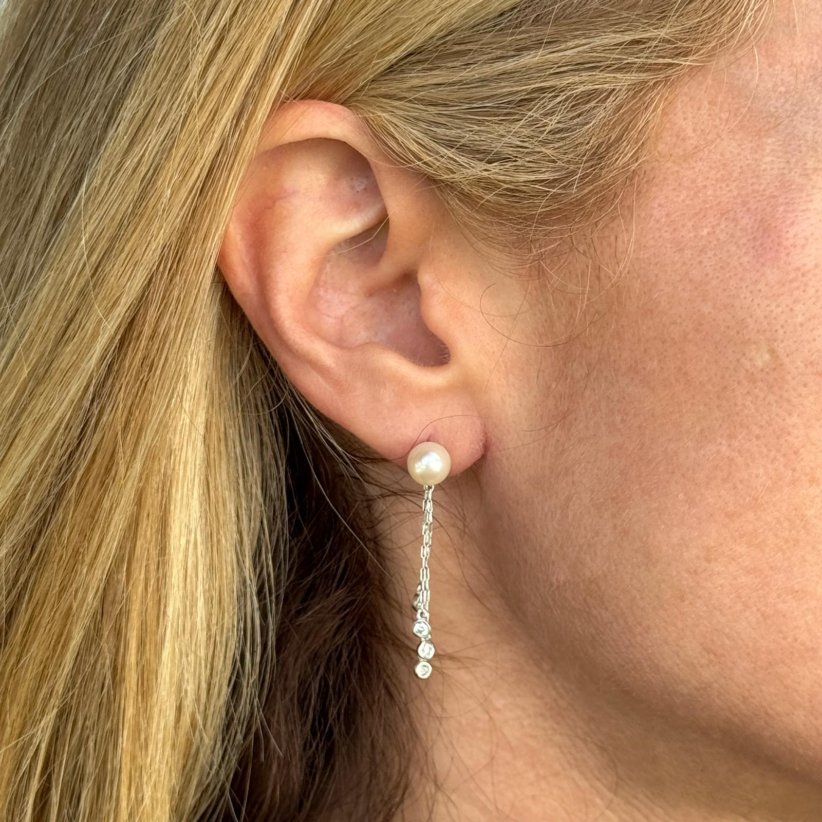 Pearl Diamond Drop Earrings 14 Karat White Gold