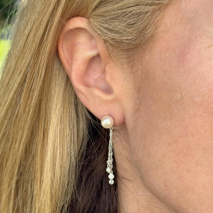 Pearl Diamond Drop Earrings 14 Karat White Gold