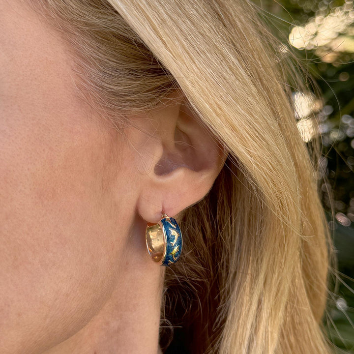 Italian Blue Enamel 14 Karat Yellow Gold DophinOval Hoop Earrings