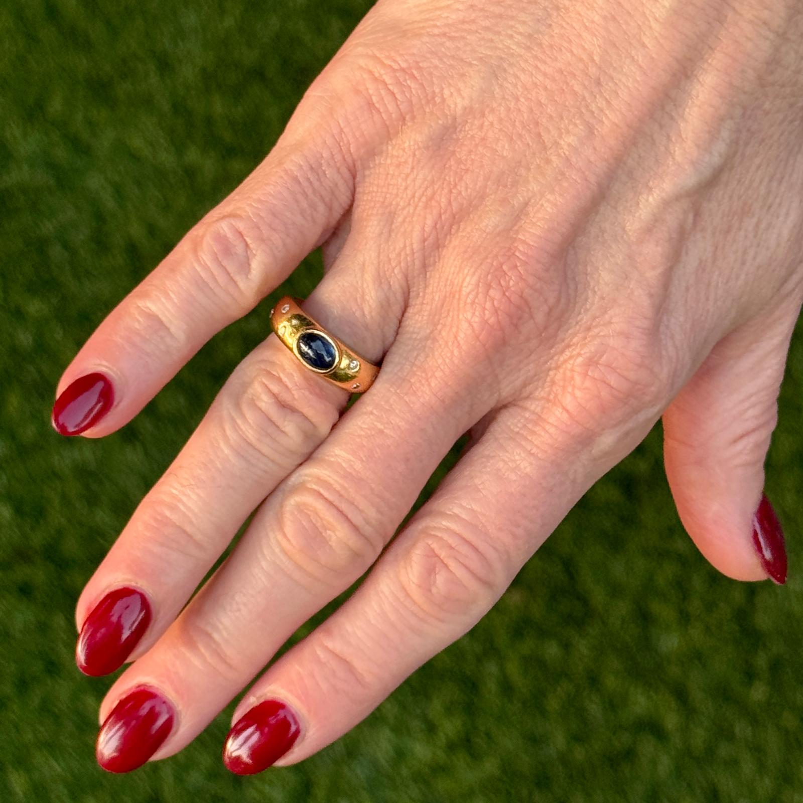 Cabochon Oval Sapphire Diamond 18 Karat Yellow Gold Band Ring