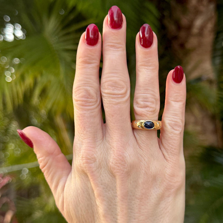 Cabochon Oval Sapphire Diamond 18 Karat Yellow Gold Band Ring