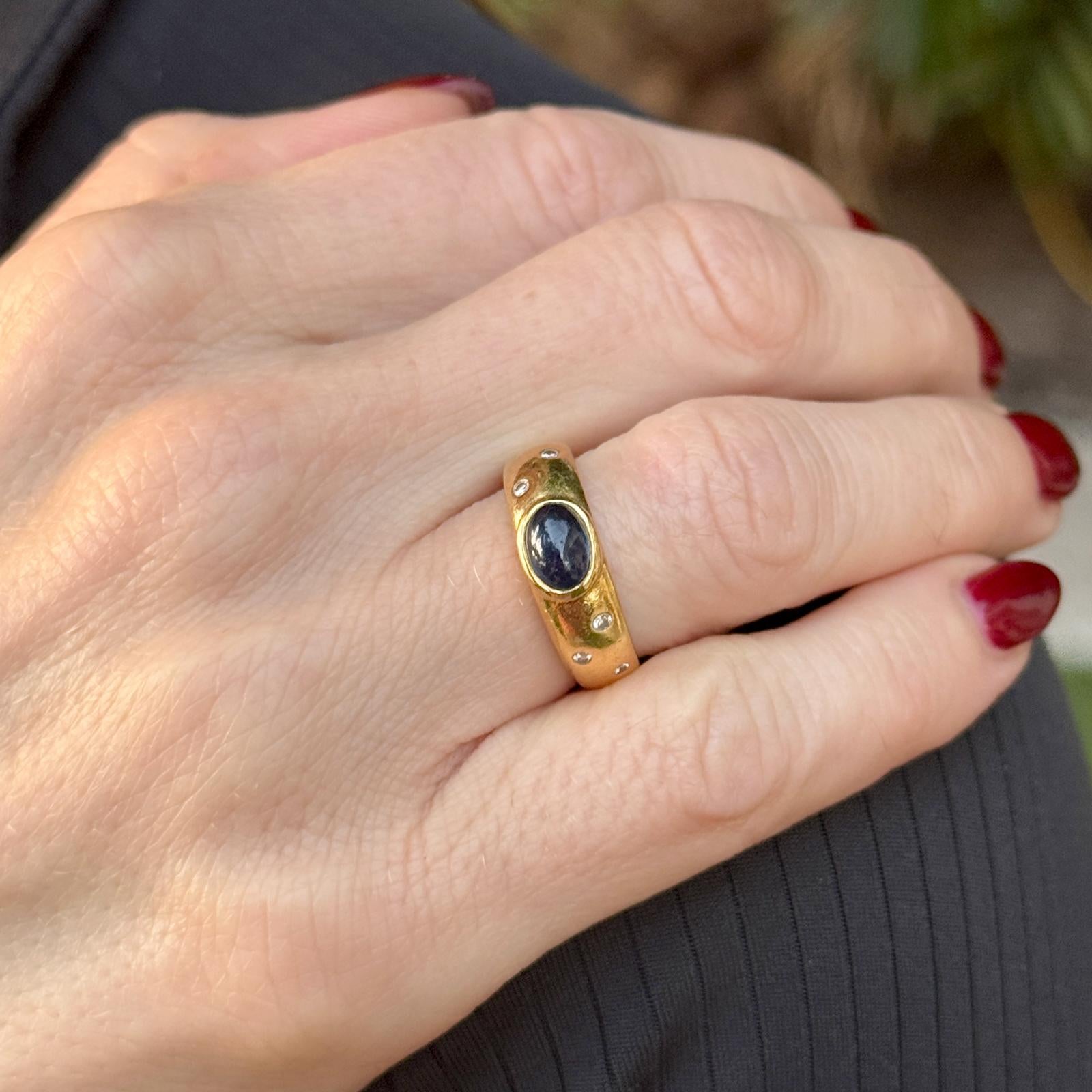 Cabochon Oval Sapphire Diamond 18 Karat Yellow Gold Band Ring