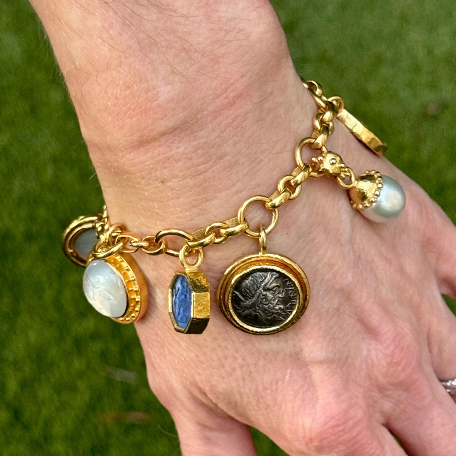 Elizabeth Locke Intaglio Pearl 19K Yellow Gold Charm Bracelet Toggle Clasp