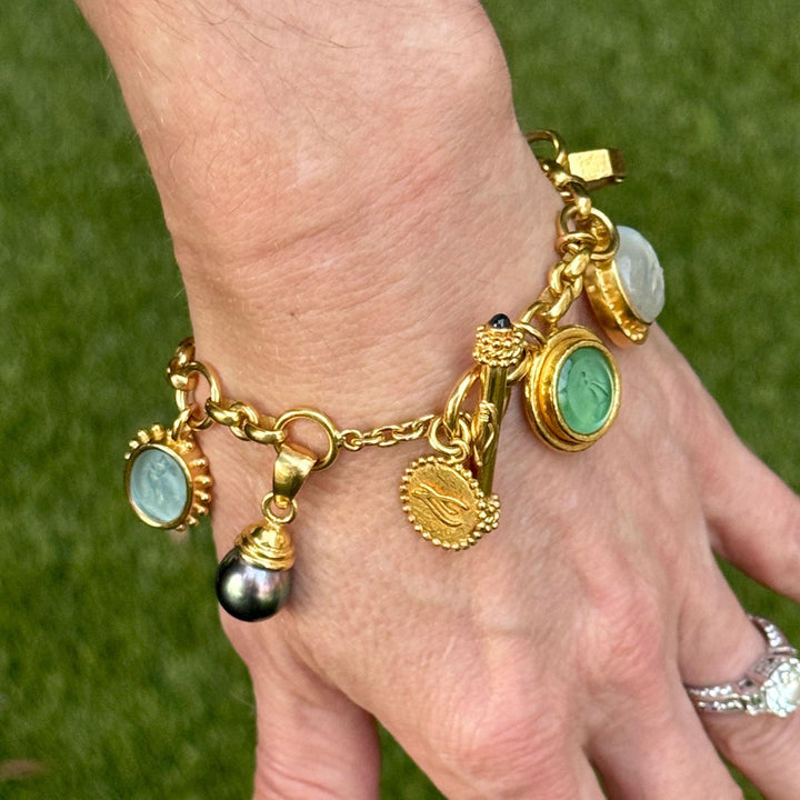 Elizabeth Locke Intaglio Pearl 19K Yellow Gold Charm Bracelet Toggle Clasp