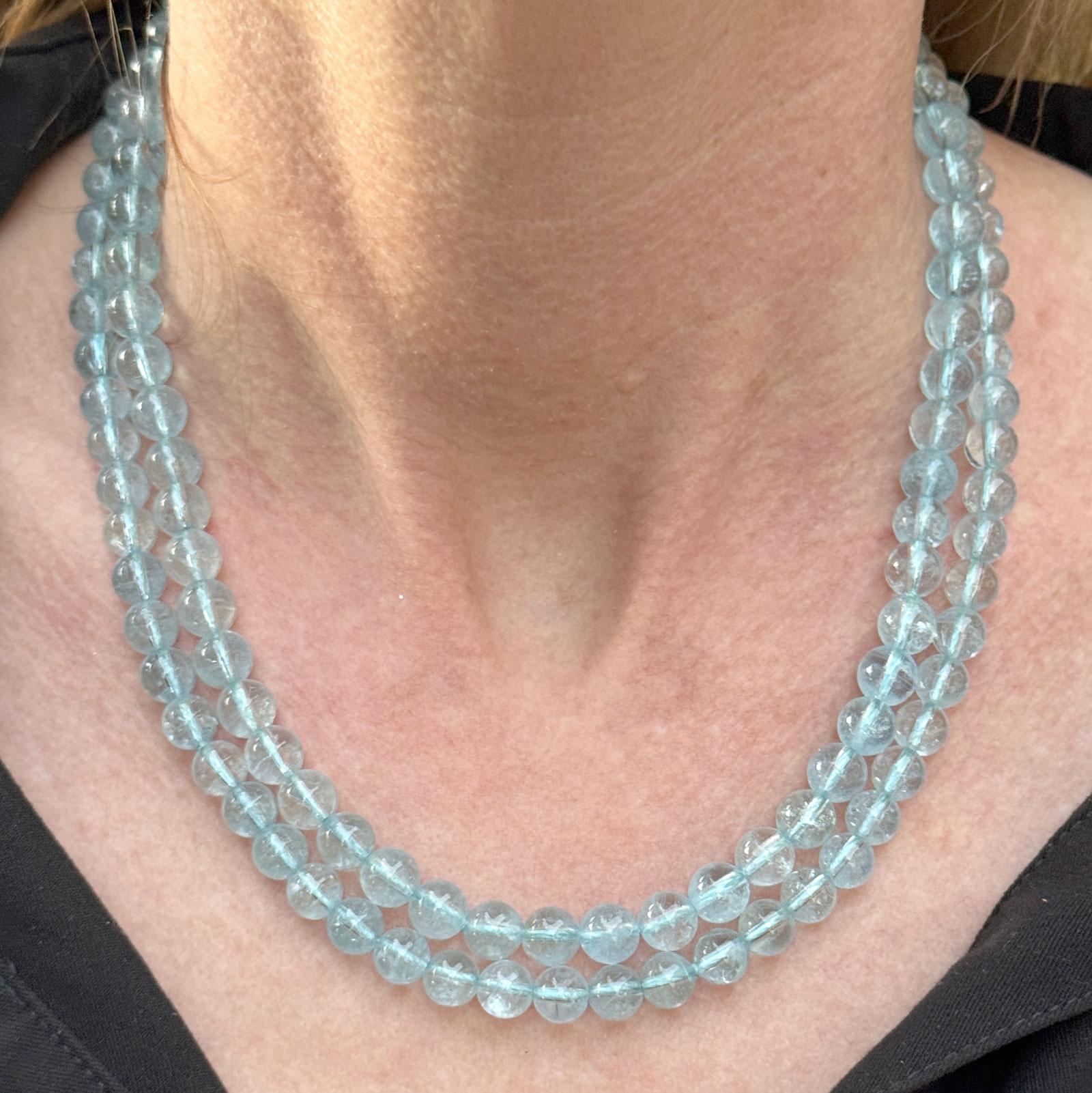 Elizabeth Locke Aquamarine Bead Double Strand 19KYG Versatile Clasp Necklace