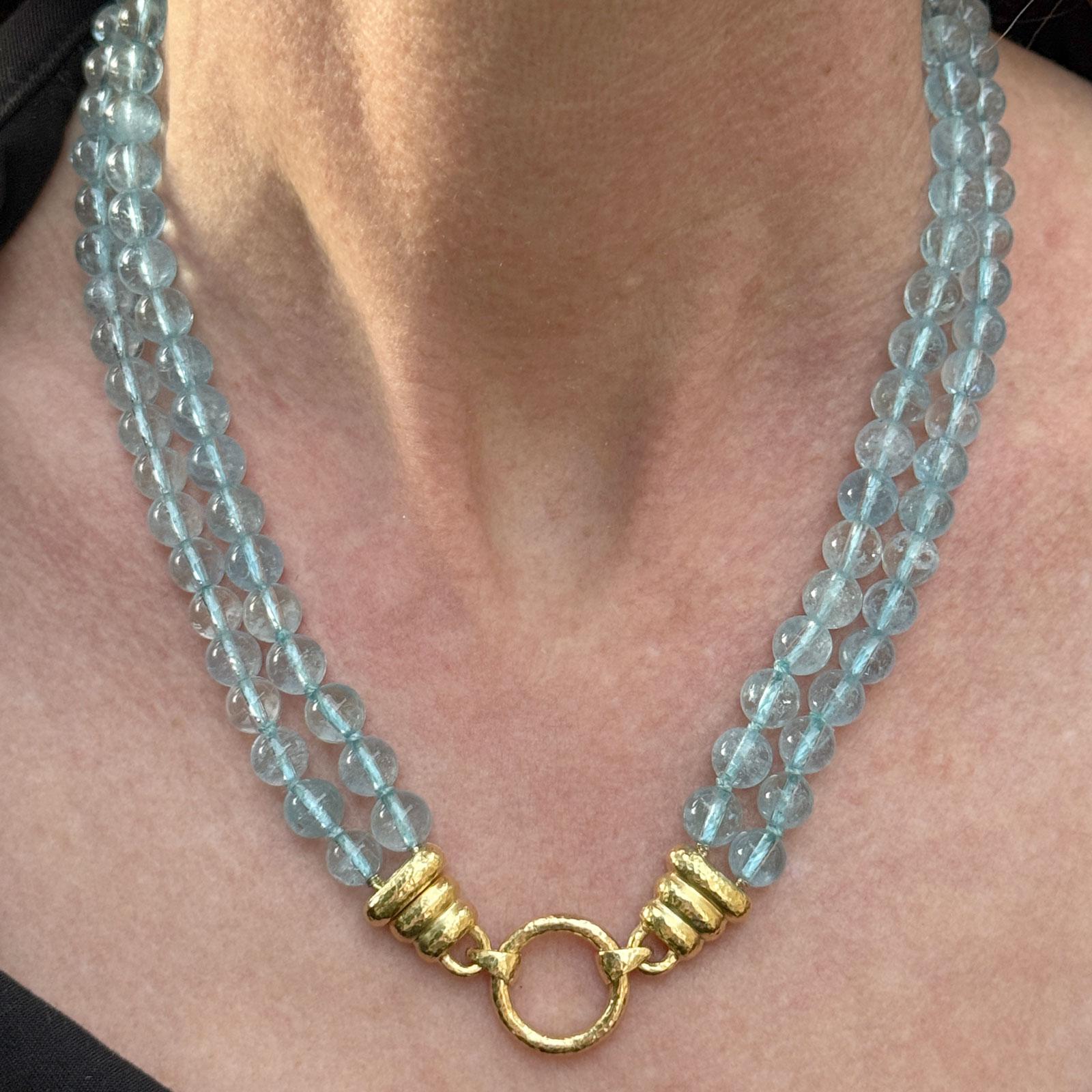 Elizabeth Locke Aquamarine Bead Double Strand 19KYG Versatile Clasp Necklace