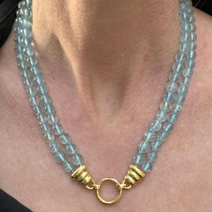 Elizabeth Locke Aquamarine Bead Double Strand 19KYG Versatile Clasp Necklace