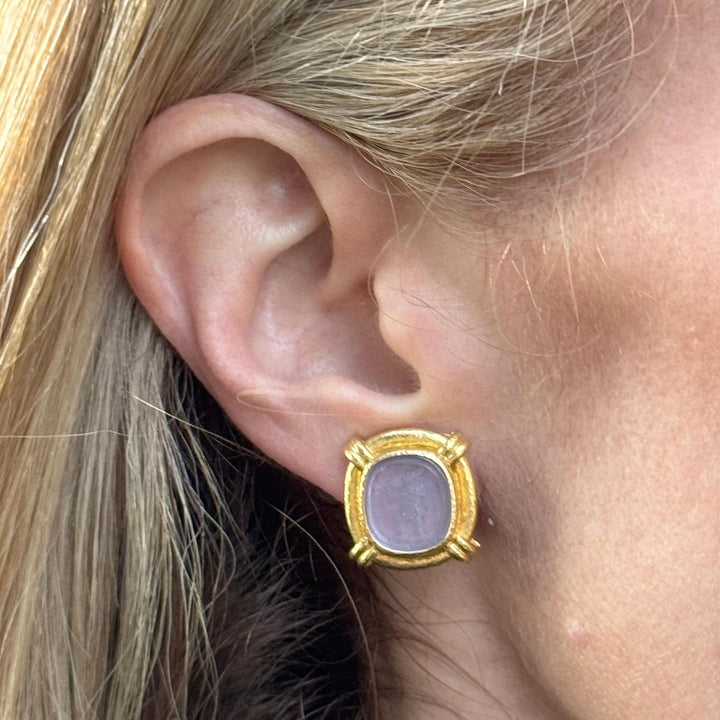 Elizabeth Locke Intaglio Pink Venetian Glass 19 Karat Yellow Gold Earrings