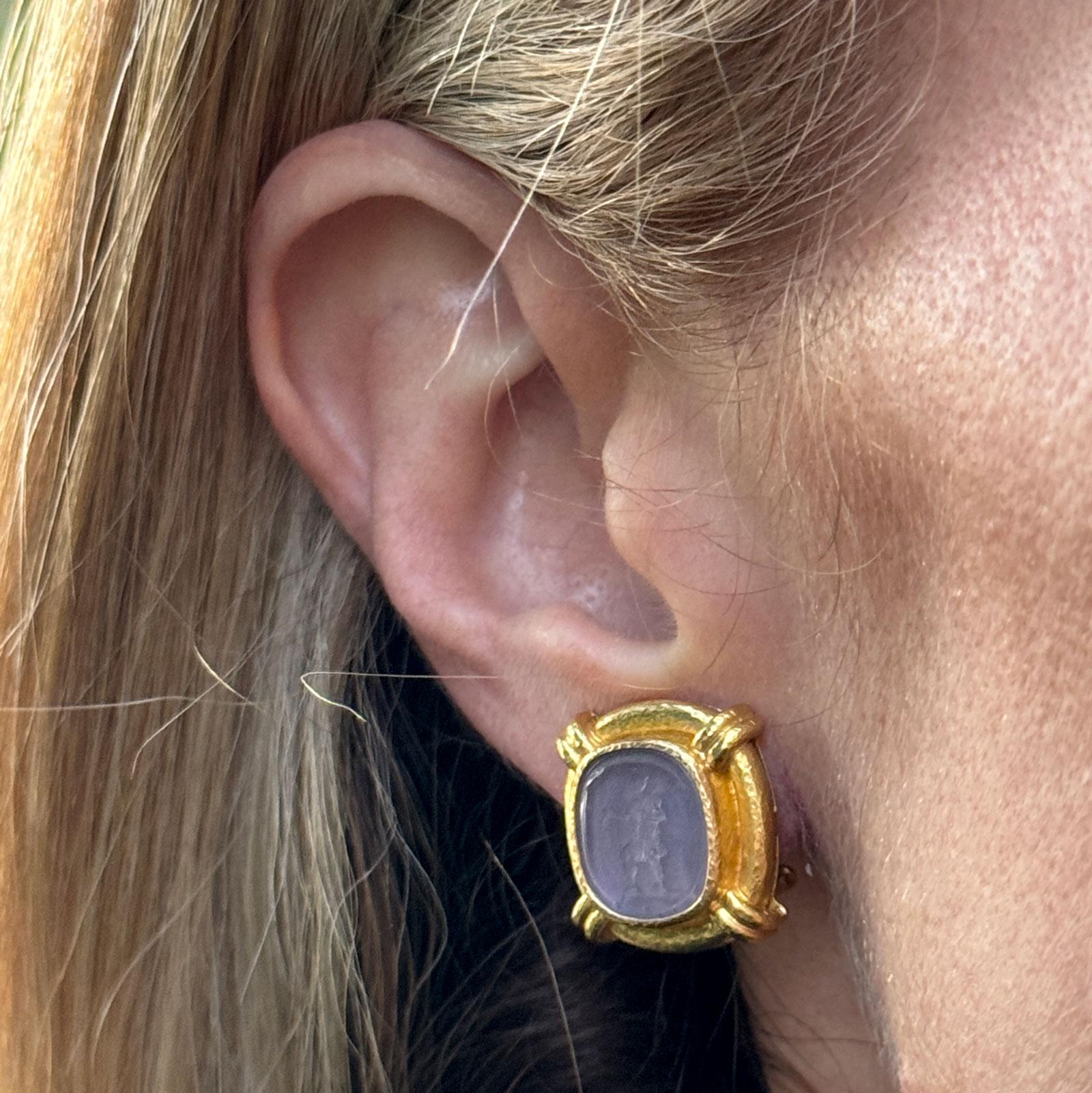 Elizabeth Locke Intaglio Pink Venetian Glass 19 Karat Yellow Gold Earrings