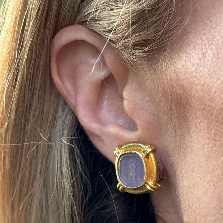 Elizabeth Locke Intaglio Pink Venetian Glass 19 Karat Yellow Gold Earrings