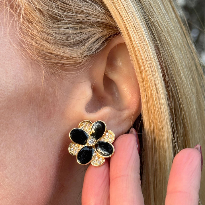 Marco Bicego Petali Diamond Black Enamel Floral 18 Karat Yellow Gold Earrings