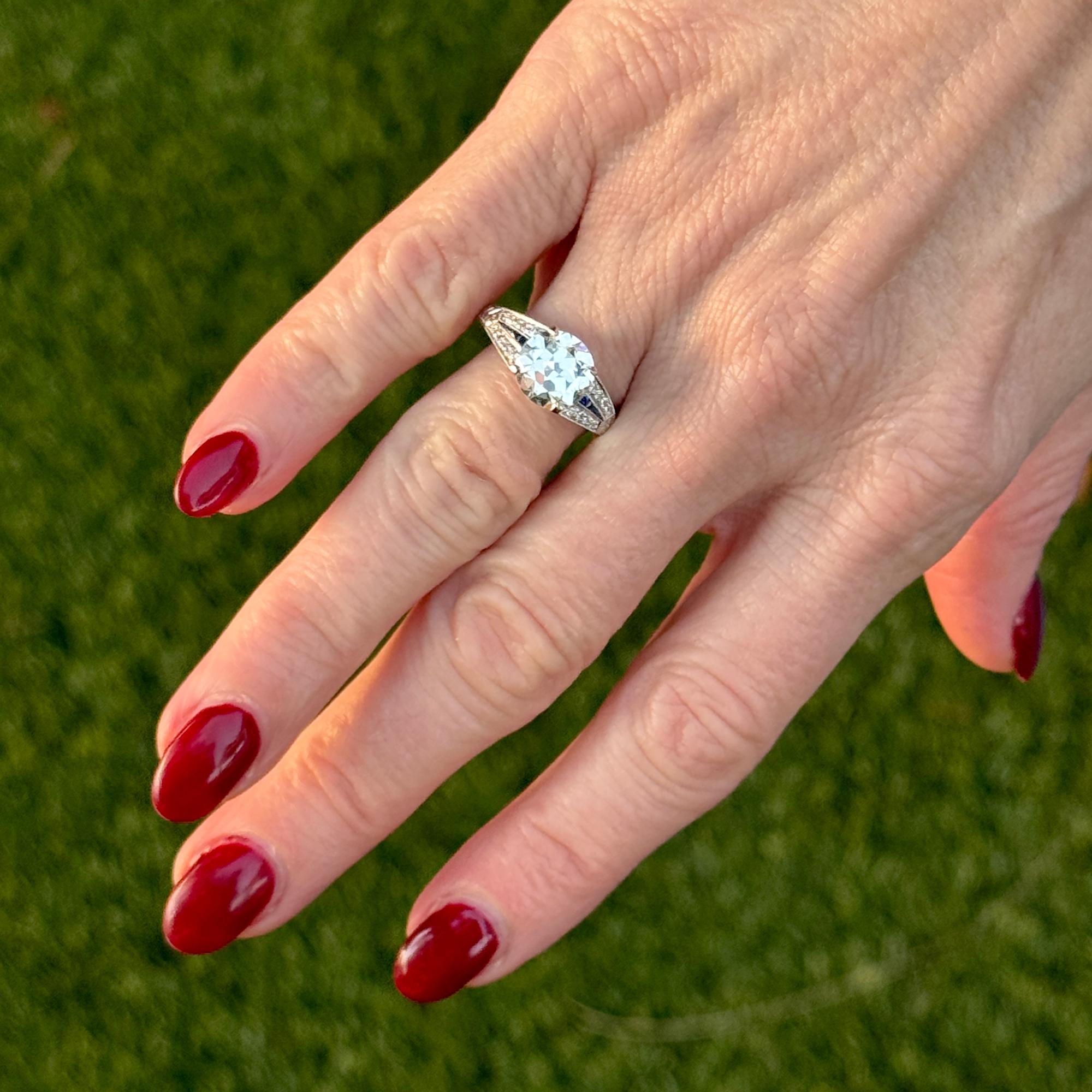 Old European Cut Diamond Platinum Engagement Ring GIA Certified Sapphire Accents