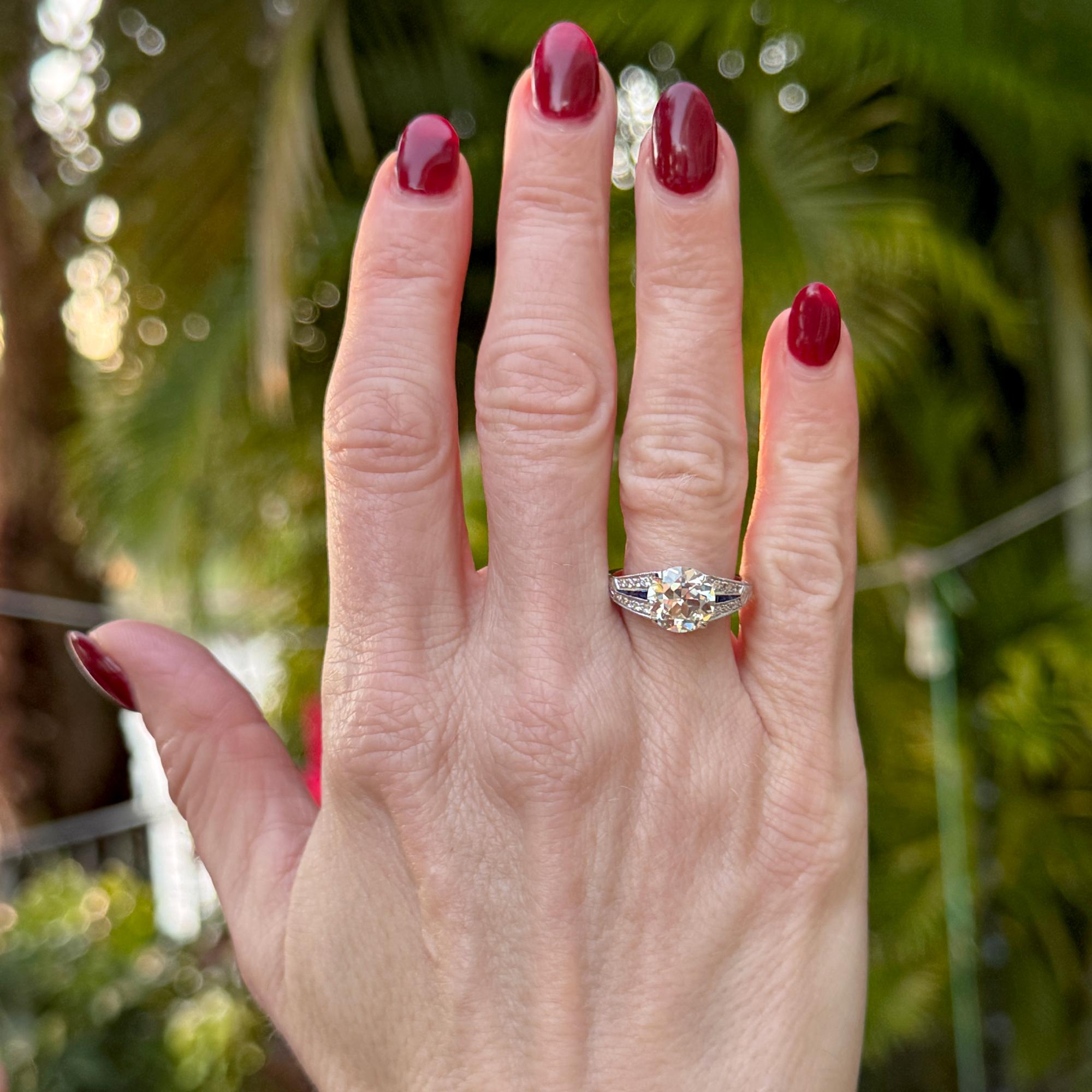 Old European Cut Diamond Platinum Engagement Ring GIA Certified Sapphire Accents