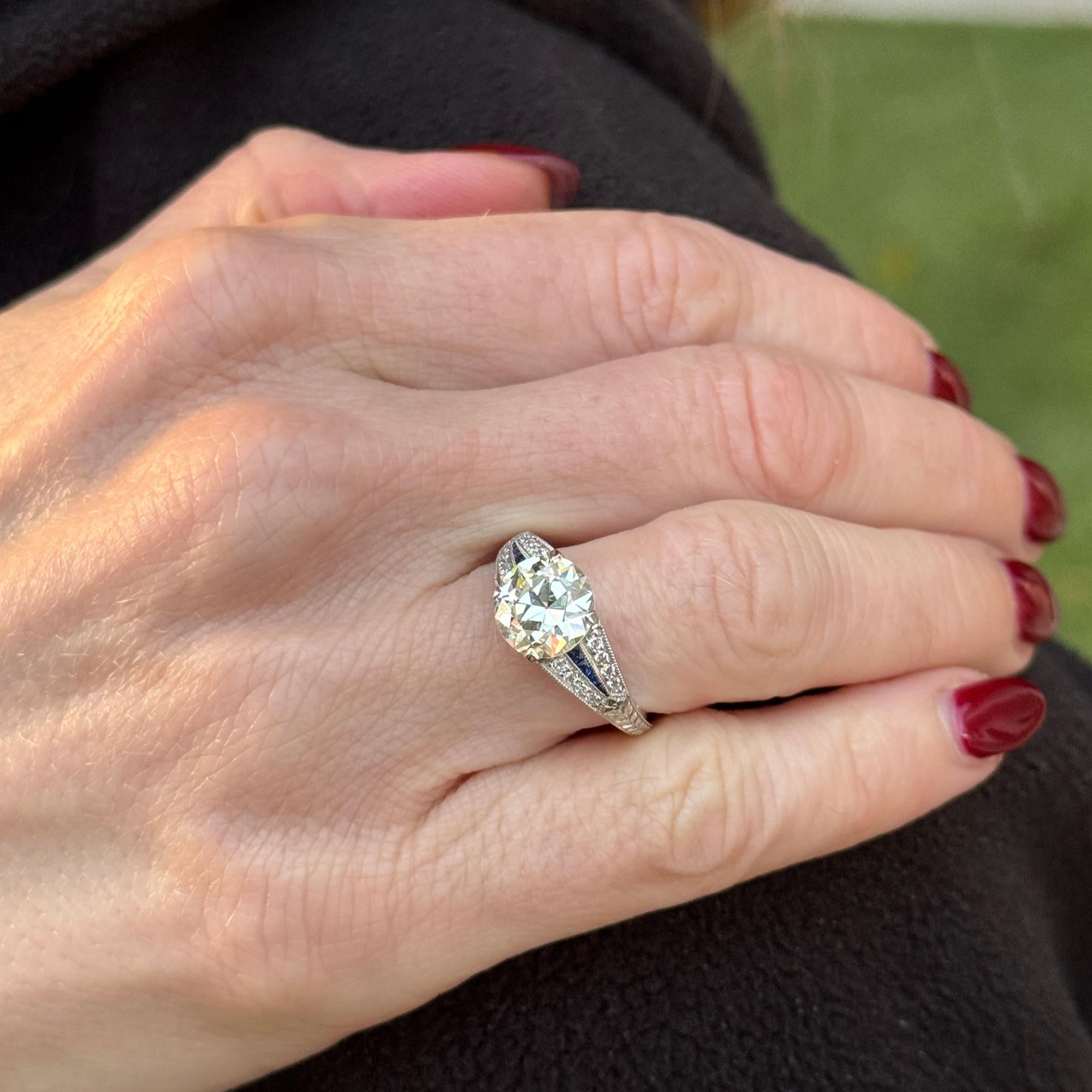 Old European Cut Diamond Platinum Engagement Ring GIA Certified Sapphire Accents