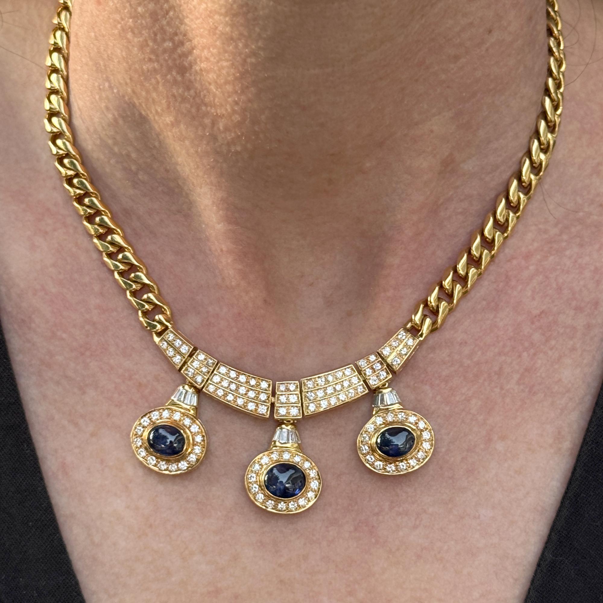 Vintage Diamond Cabochon Blue Sapphire 18 Karat Yellow Gold Curb Link Necklace