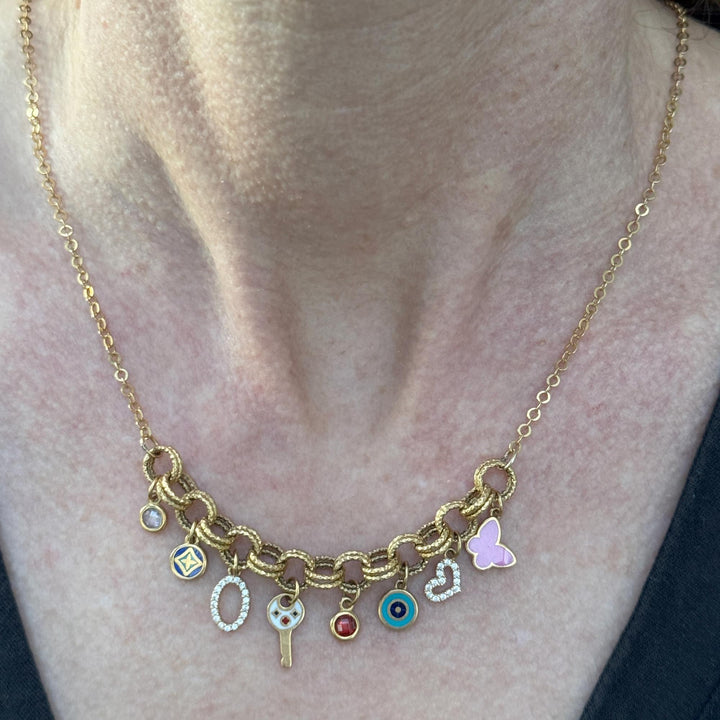 21 Karat Yellow Gold Enamel & Diamond Mulit-Charm Link Necklace