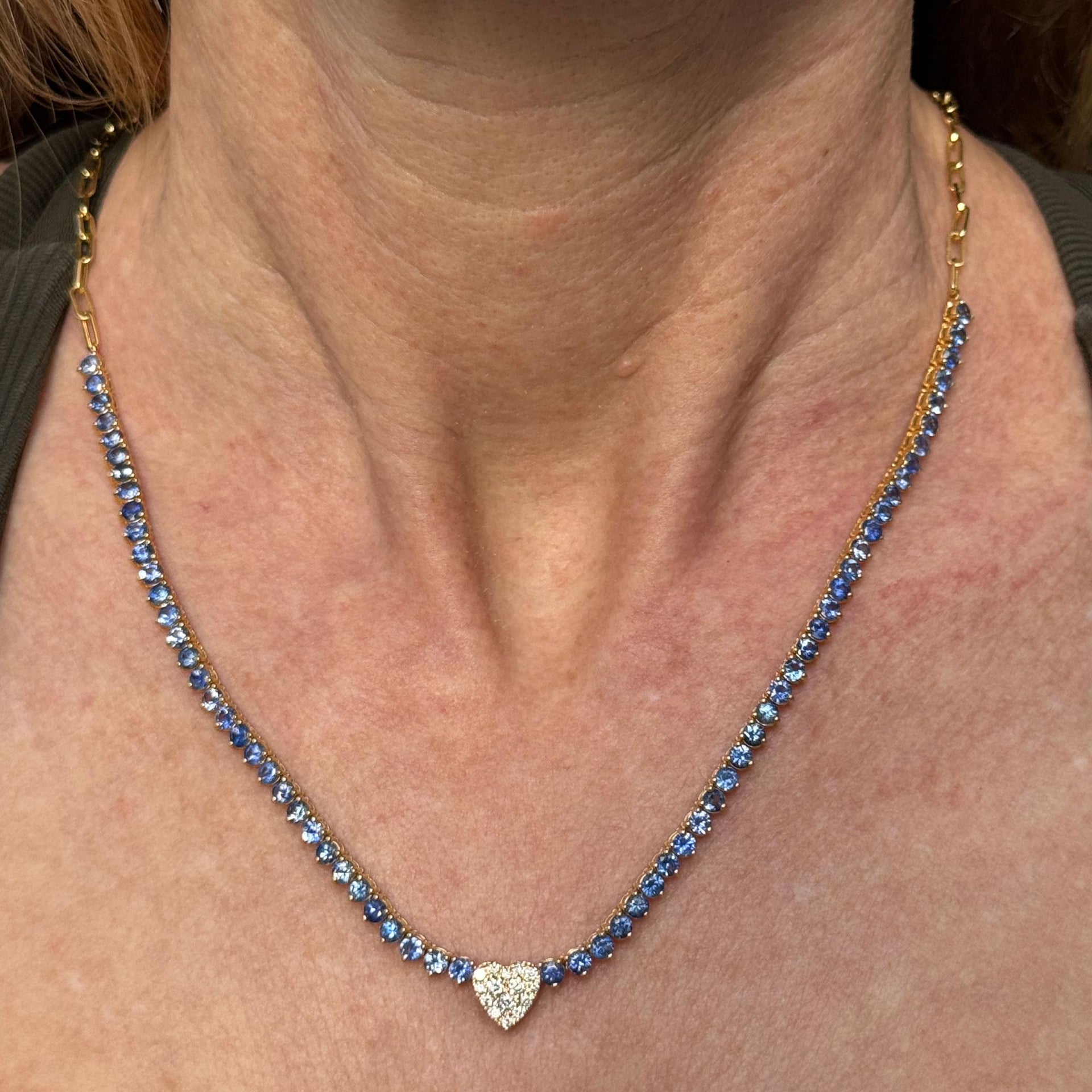 Blue Sapphire Diamond Heart 14 Karat Yellow Gold Link Necklace