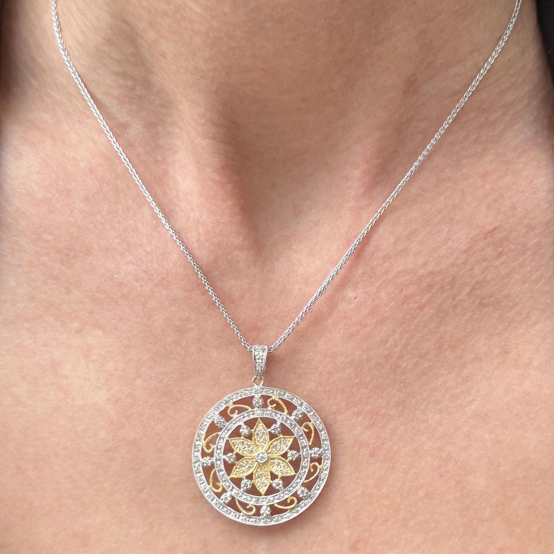 Diamond Circle Floral Design 18 Karat Two Tone Gold Modern Pendant Necklace
