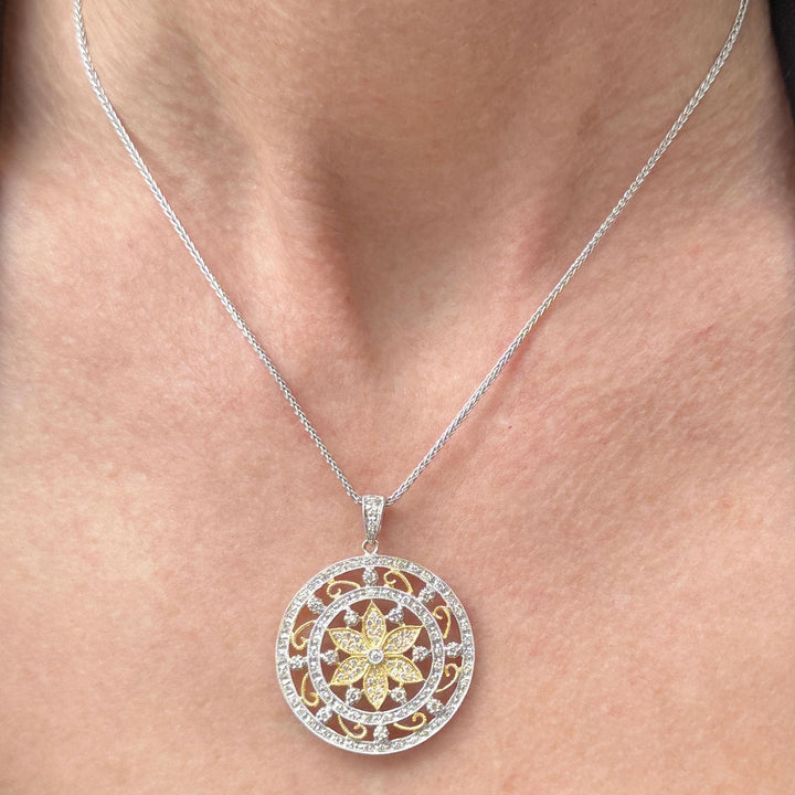 Diamond Circle Floral Design 18 Karat Two Tone Gold Modern Pendant Necklace