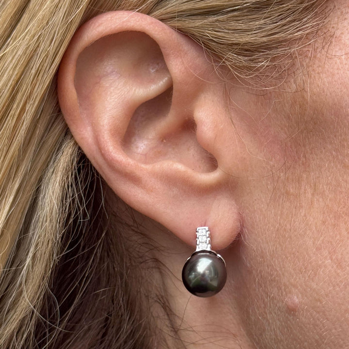 Diamond Black Pearl 14 Karat White Gold Leverback Earrings