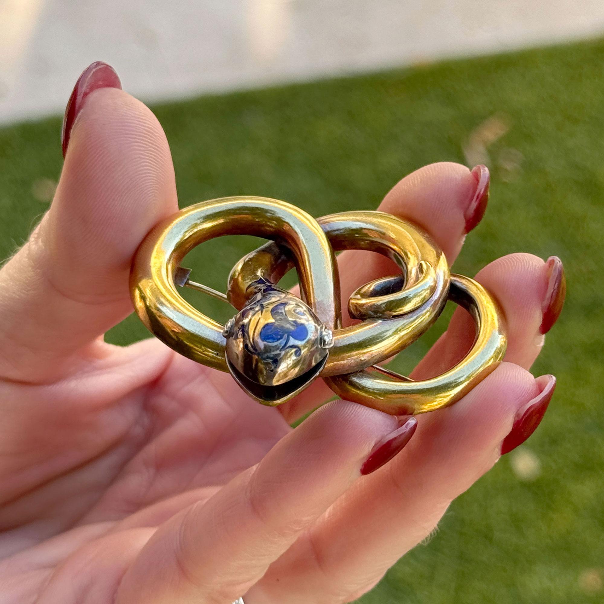 Victorian Enamel & Rose Cut Diamond 18 Karat Yellow Gold Snake Brooch