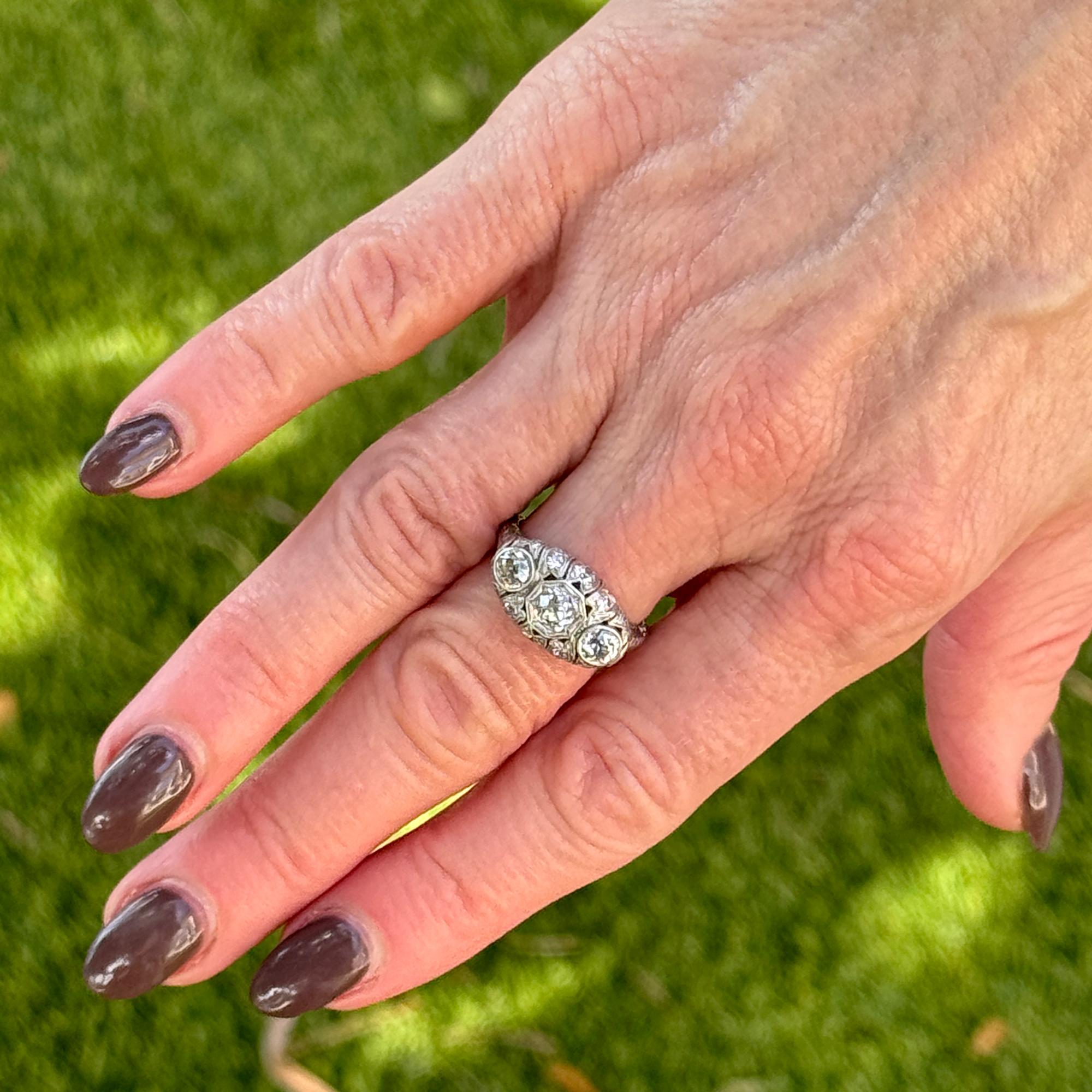 Art Deco Old European Cut Diamond Platinum Three Stone Ring