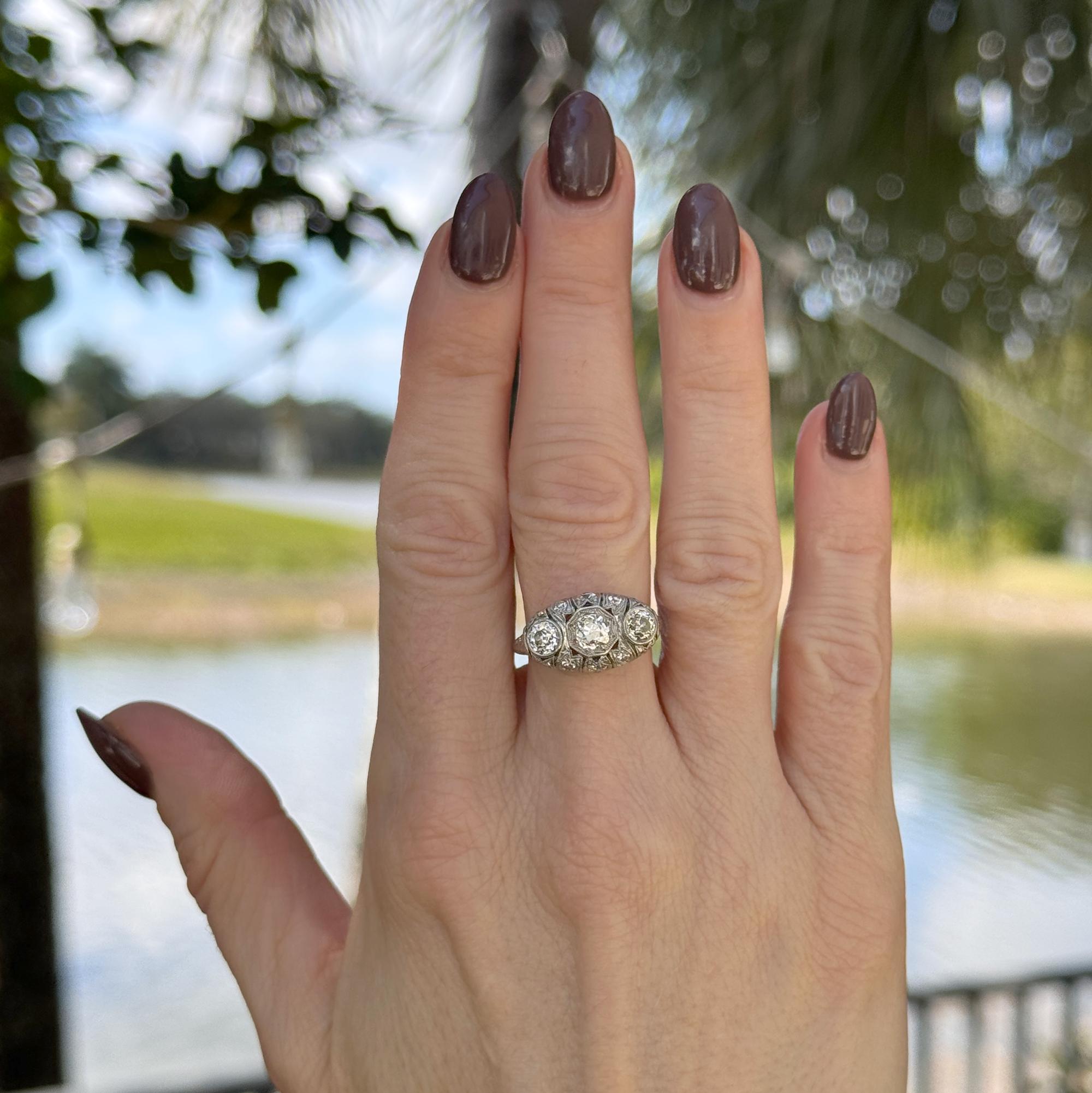 Art Deco Old European Cut Diamond Platinum Three Stone Ring