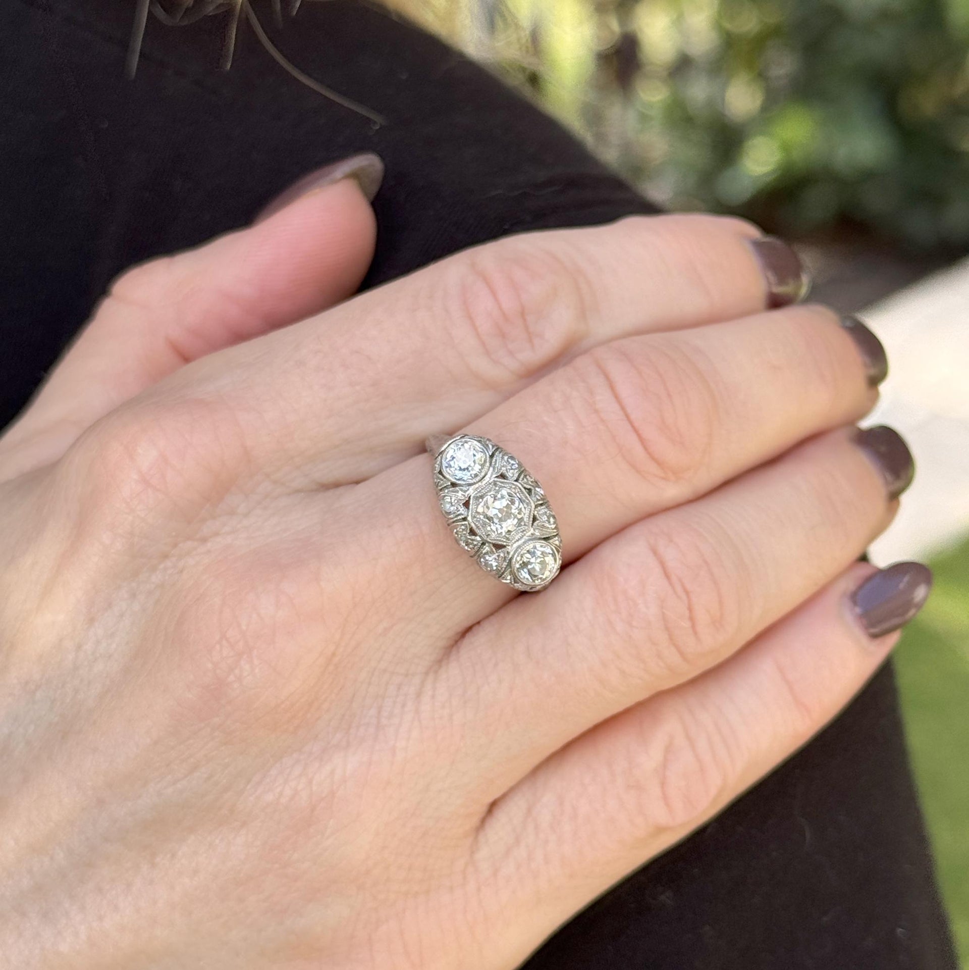 Art Deco Old European Cut Diamond Platinum Three Stone Ring