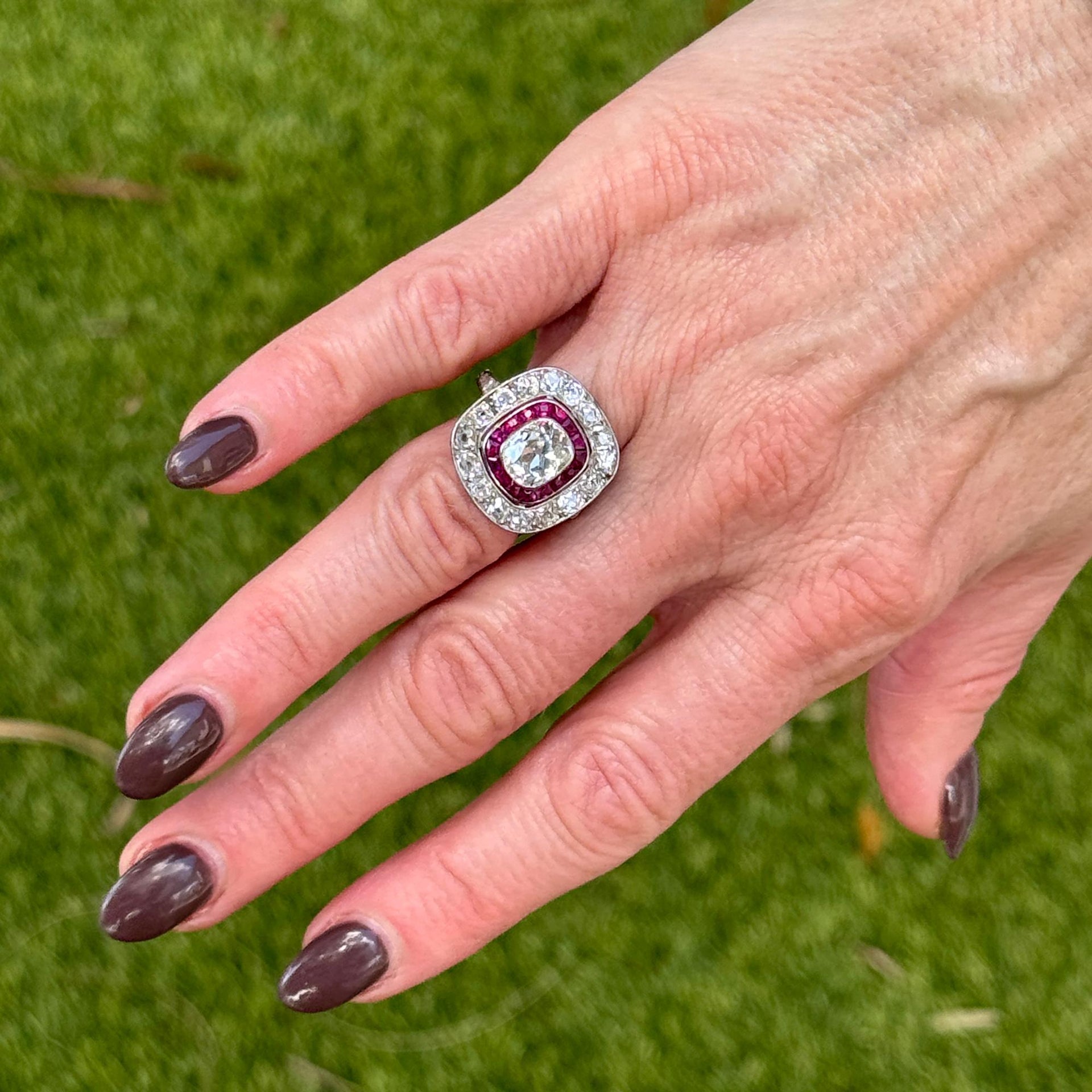 Antique Cushion Cut Diamond Ruby Platinum Art Deco Cocktail Ring