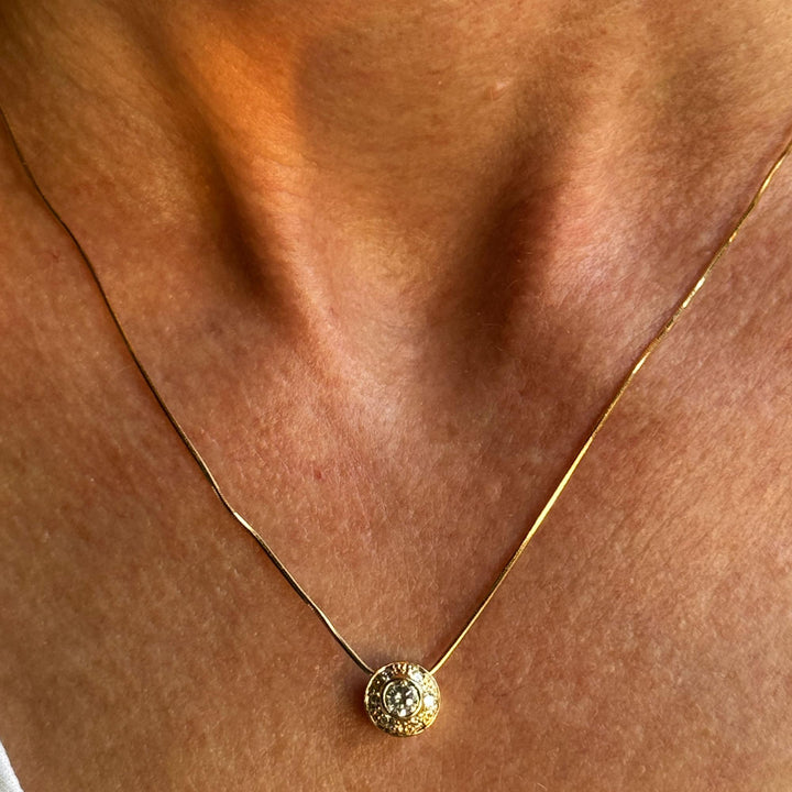 Round Bezel Set Diamond 14 Karat Yellow Gold Snake Chain Pendant Necklace