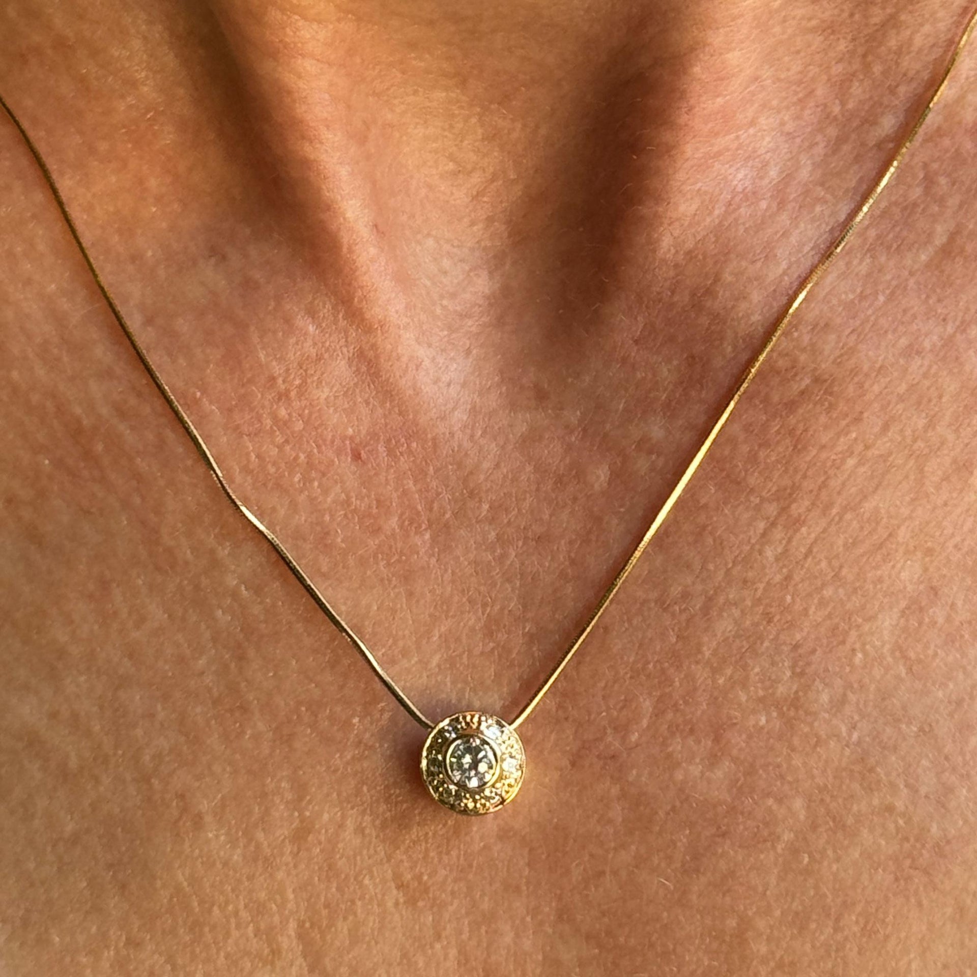 Round Bezel Set Diamond 14 Karat Yellow Gold Snake Chain Pendant Necklace