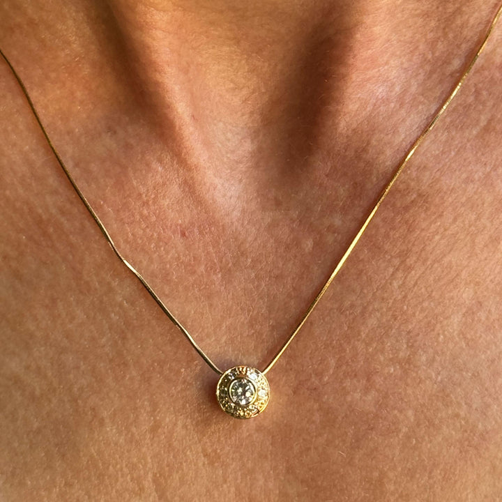 Round Bezel Set Diamond 14 Karat Yellow Gold Snake Chain Pendant Necklace