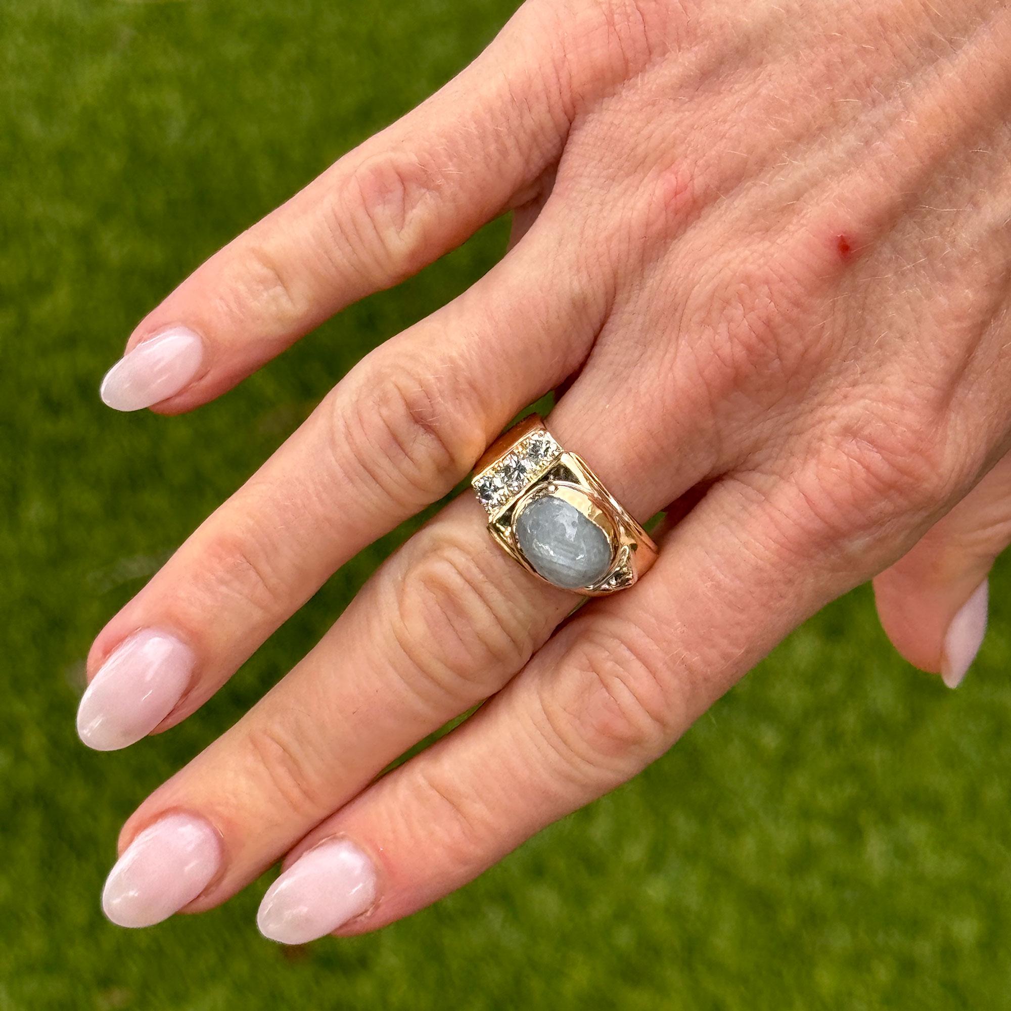 Retro Bezel Set Star Sapphire & Diamond 18 Karat Rose Gold Vintage Ring