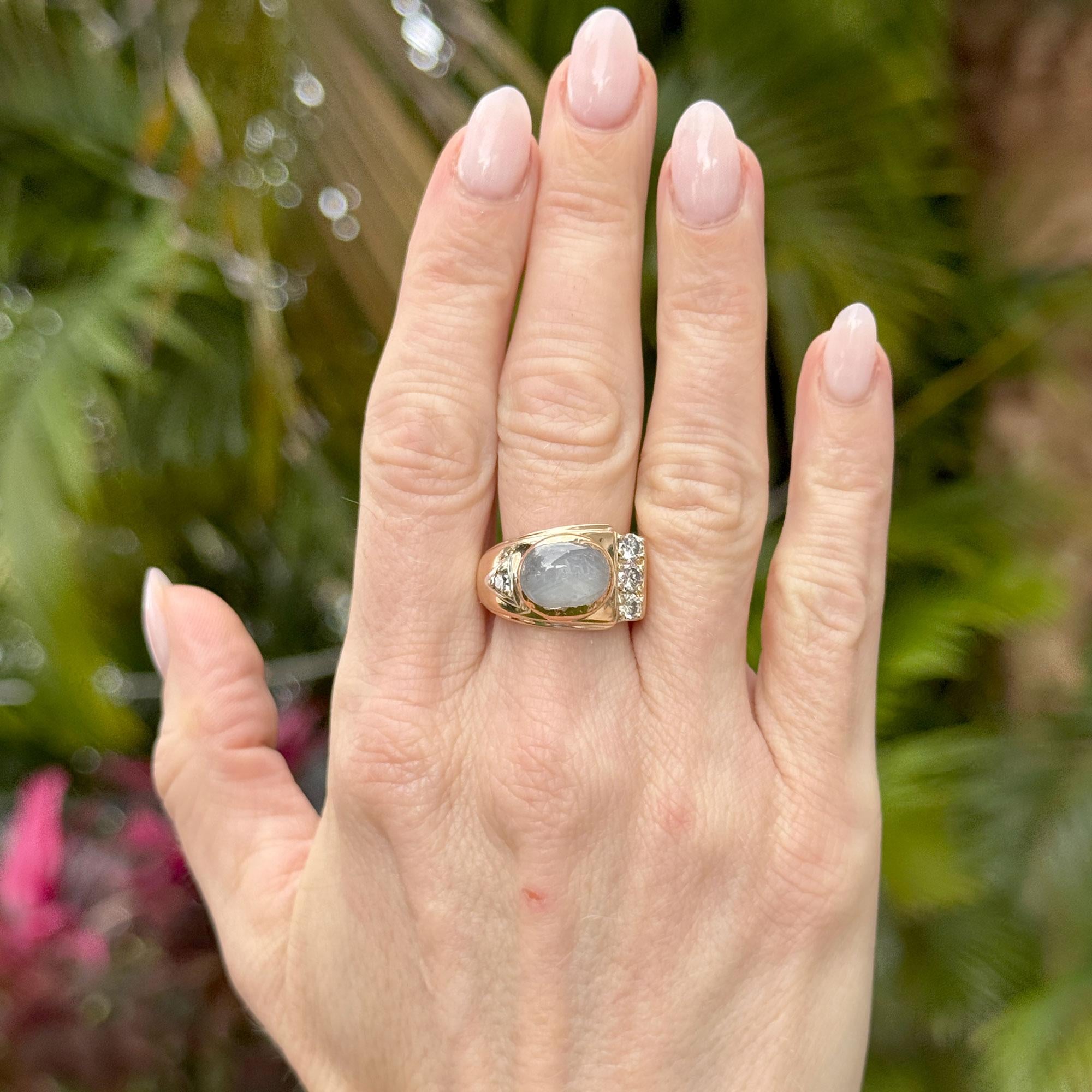 Retro Bezel Set Star Sapphire & Diamond 18 Karat Rose Gold Vintage Ring