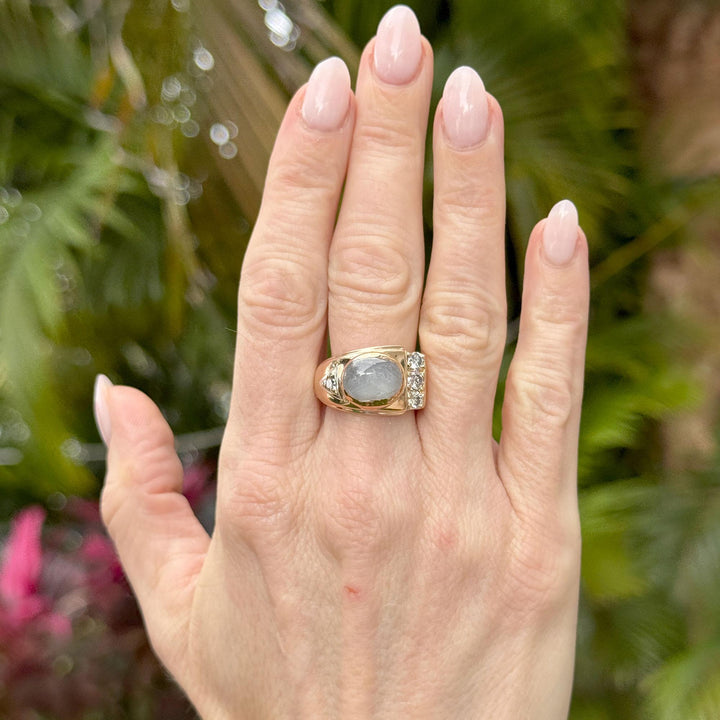 Retro Bezel Set Star Sapphire & Diamond 18 Karat Rose Gold Vintage Ring