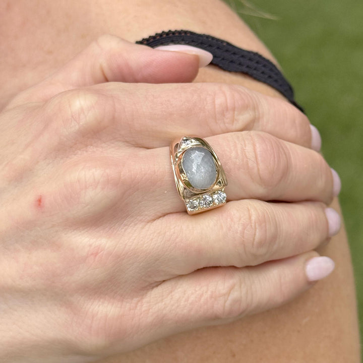 Retro Bezel Set Star Sapphire & Diamond 18 Karat Rose Gold Vintage Ring