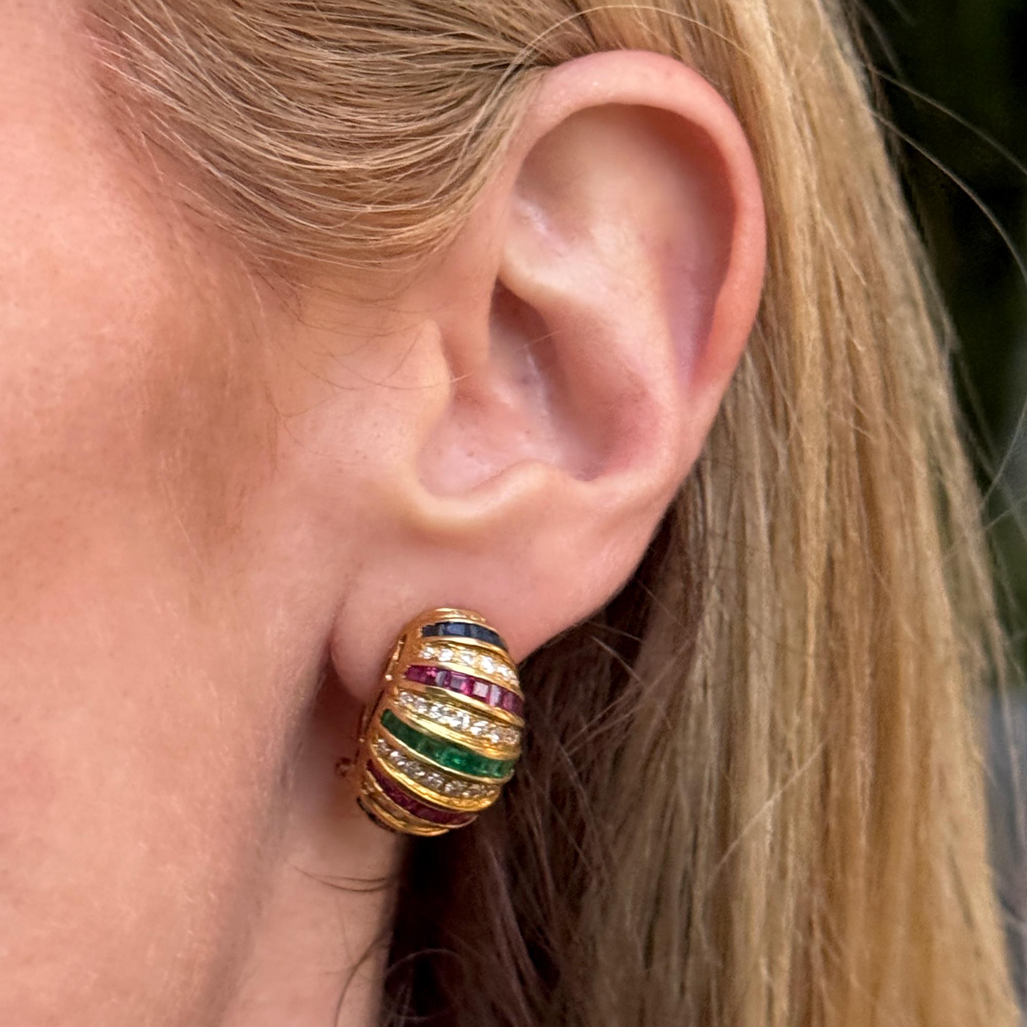 Diamond, Ruby, Emerald & Sapphire 18KYG Vintage Shrimp Earrings