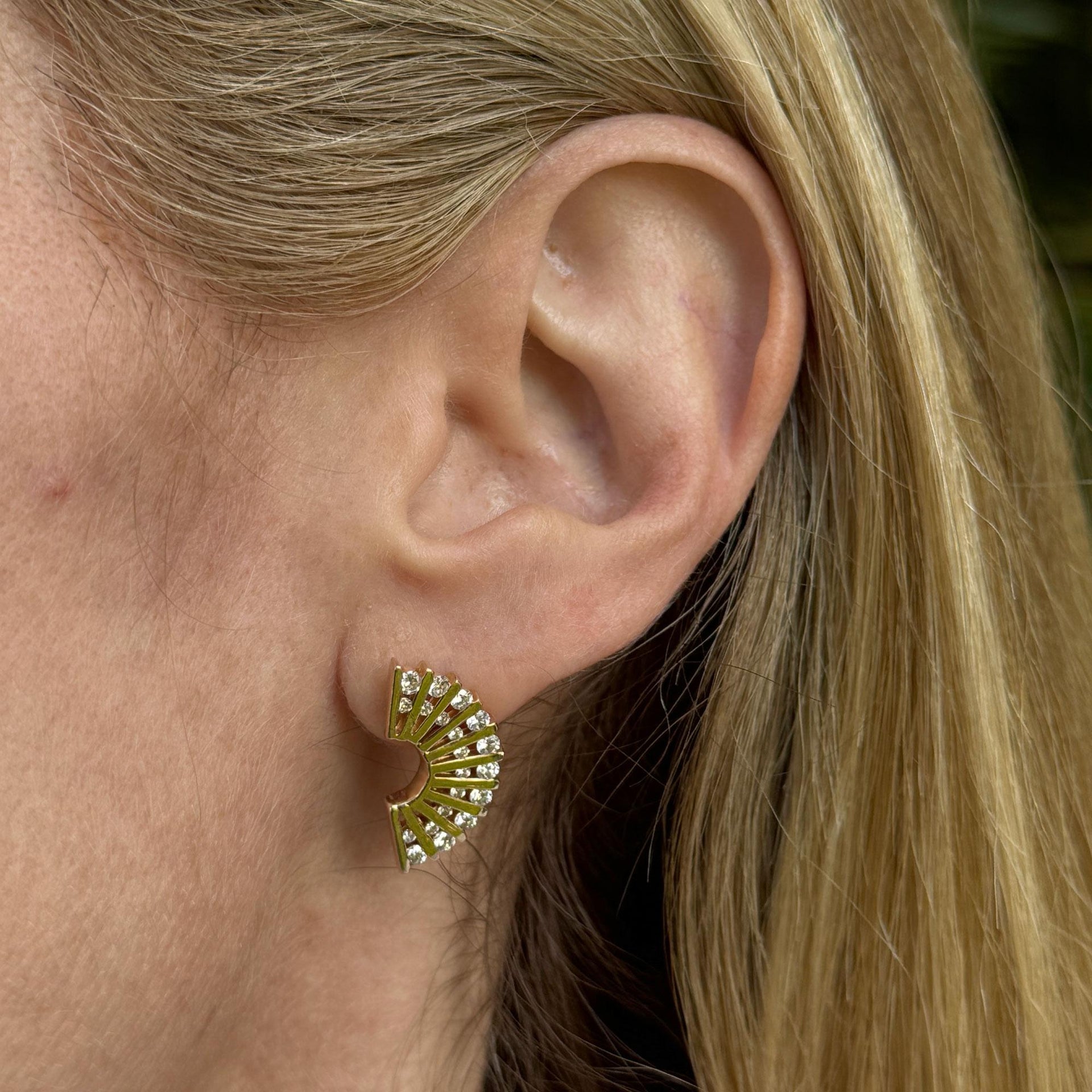 Diamond 14 Karat Yellow Gold Vintage Fan Earrings