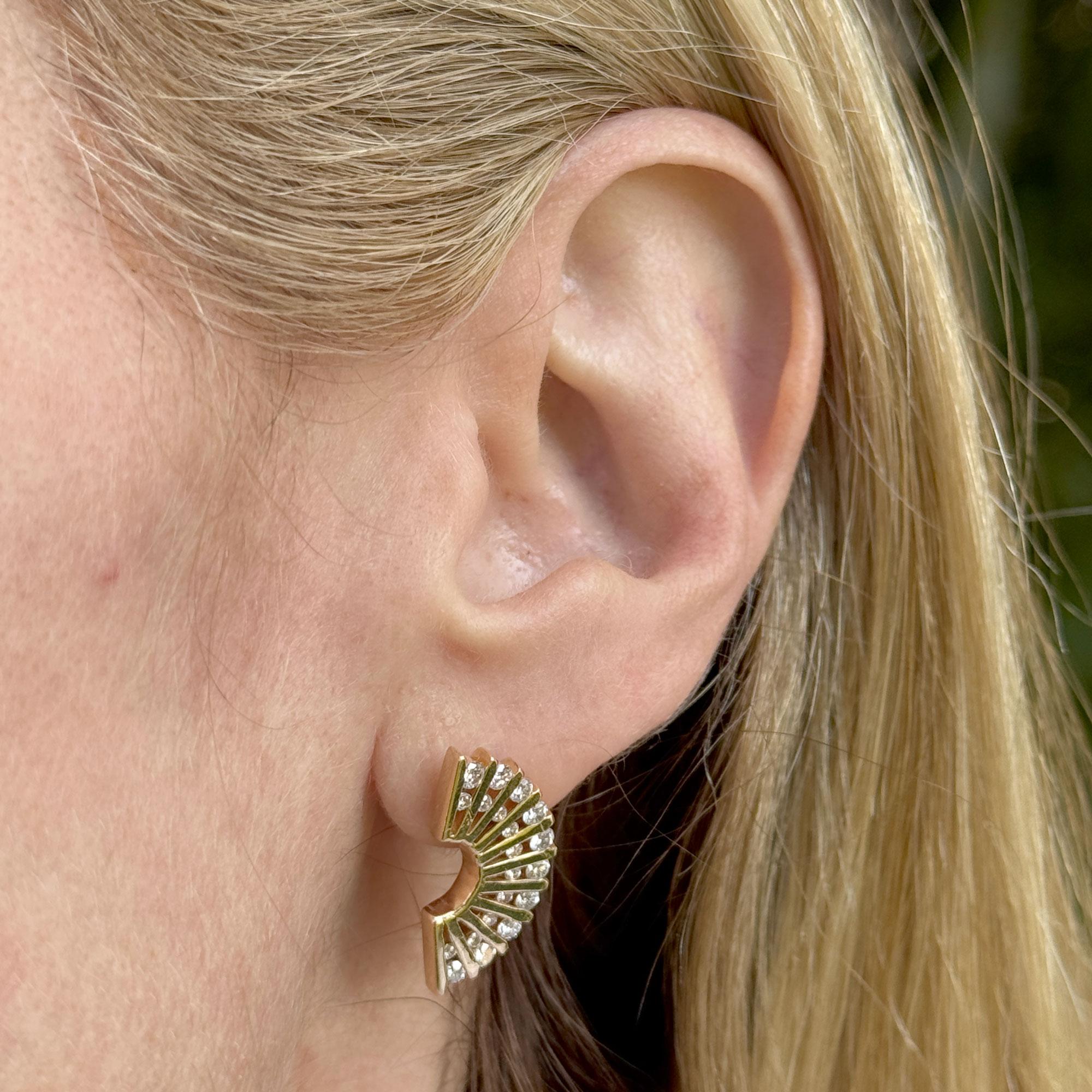 Diamond 14 Karat Yellow Gold Vintage Fan Earrings