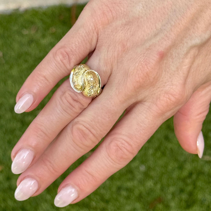 Textured Two Tone 14 Karat Gold Diamond Vintage Dome Ring