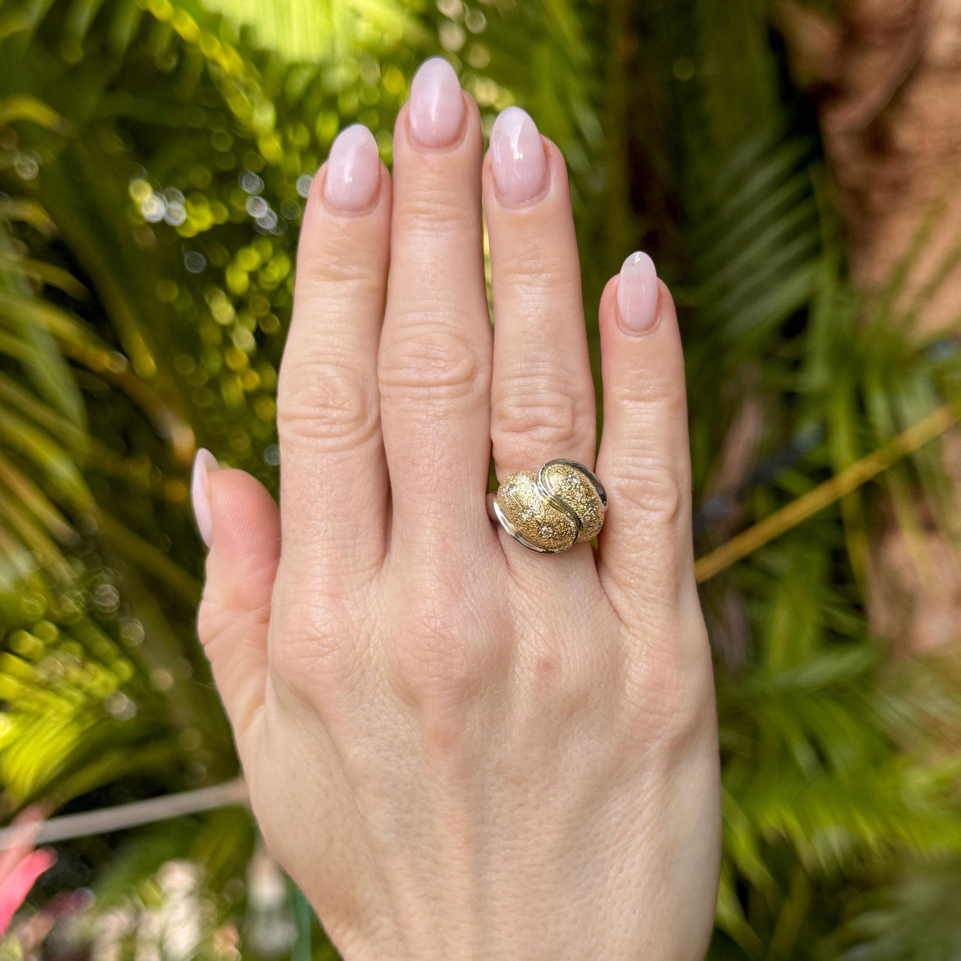 Textured Two Tone 14 Karat Gold Diamond Vintage Dome Ring